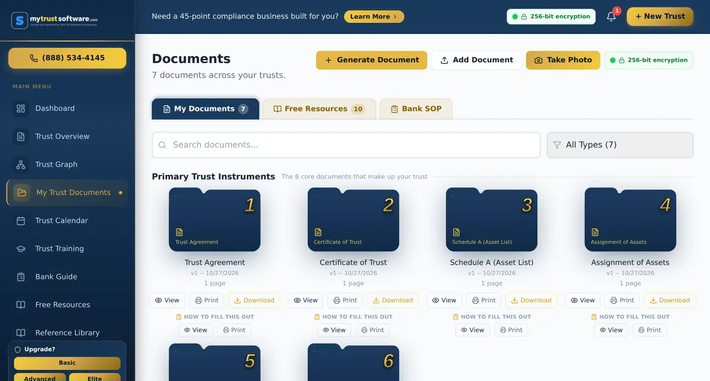 MyTrust Software document vault showing six numbered document folders with view, print and download buttons